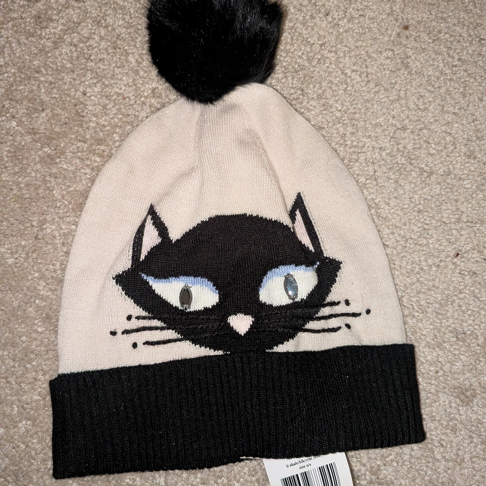 Kate Spade Black and Cream Cat Beanie